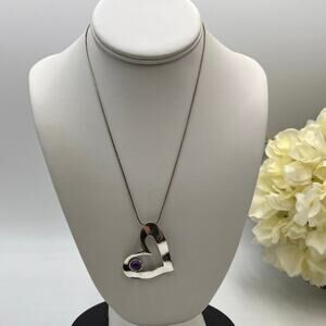 "B" Sterling‎ 925 Israel Amethyst Cabochon Heart Shaped Pendant Chain Necklace